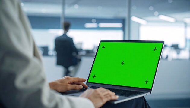 Person using laptop with green screen in modern office - Powered by Adobe