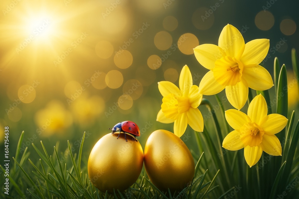 Poster golden easter eggs with ladybug and yellow daffodils in spring grass under warm sunlight with abstra