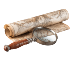 Rolled antique map and magnifying glass
