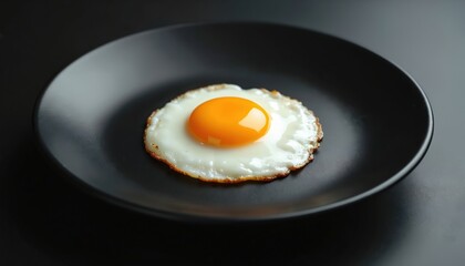 Single fried egg centered on black plate. Perfectly cooked egg features intact bright yellow yolk and crisp white. Black matte plate provides smooth, elegant contrast, highlighting breakfast food.