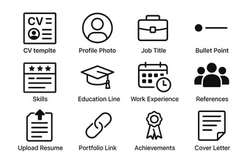 Essential resume icons: cv, profile, job, skills, education, experience, achievements