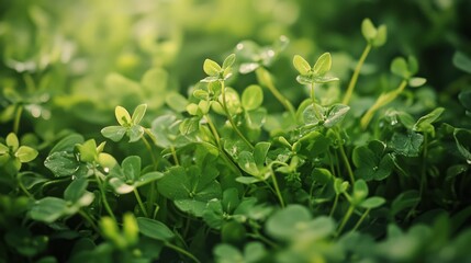 Lush expanse of verdant clovers bathed in sunlight, signifying growth and freshness