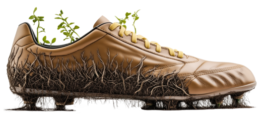 Soccer cleat with roots growing into ground, symbolizing connection to nature and growth. shoe is brown with yellow laces, and small plants sprout from top, creating unique and organic, isolated