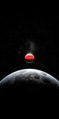 A red celestial body hangs above a moonlit planet in the dark expanse of space