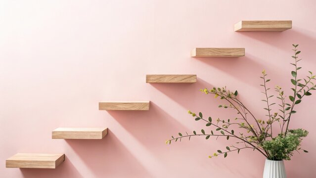 Minimalist wooden shelves arranged like stairs against a soft pink wall with a vase of greenery