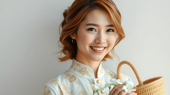 Young Woman in Traditional Cream Thai Chut Thai with Floral Patterns