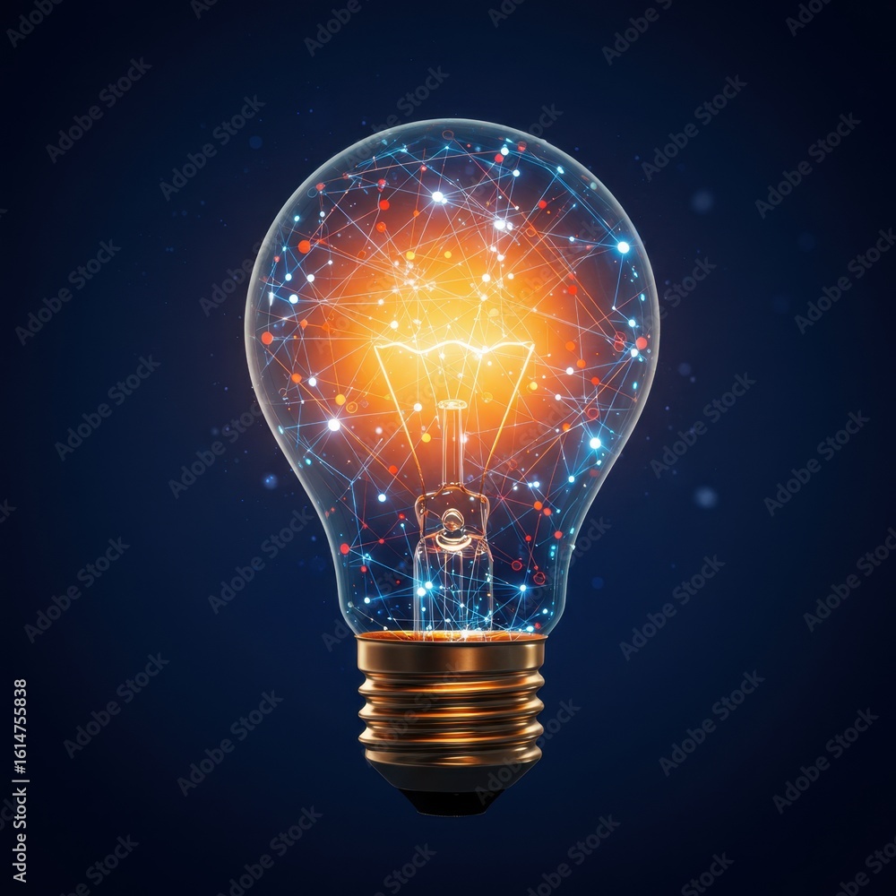 Poster illuminating innovation: a glowing network within a light bulb representing ideas and connection