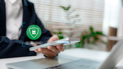 Business person using smartphone with secure payment interface and password protection icon. Concept of digital transaction security, mobile banking, data encryption, and fintech authentication.