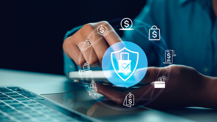 Close-up of user interacting with smartphone and virtual secure payment icons. Concept of digital finance, mobile banking, e-wallet transaction, data protection, and fintech security system.