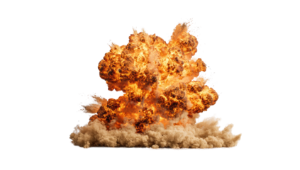 A large explosion of orange and yellow flames erupting from a cloud of tan smoke