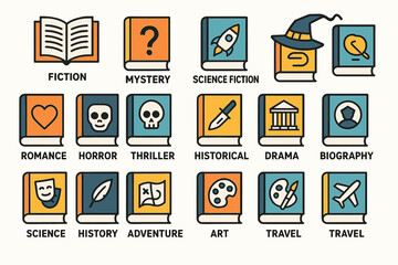 Illustrated book genres collection with icons for fiction, mystery, and more