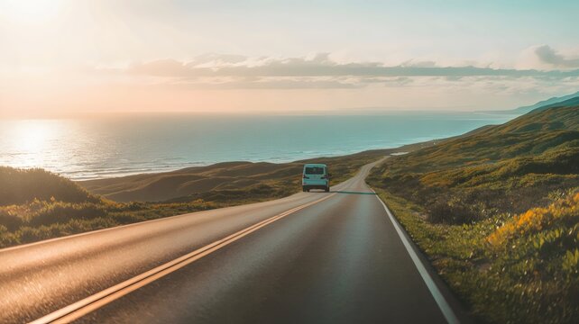 Van driving on coastal road towards sunset with ocean views, travel adventure concept