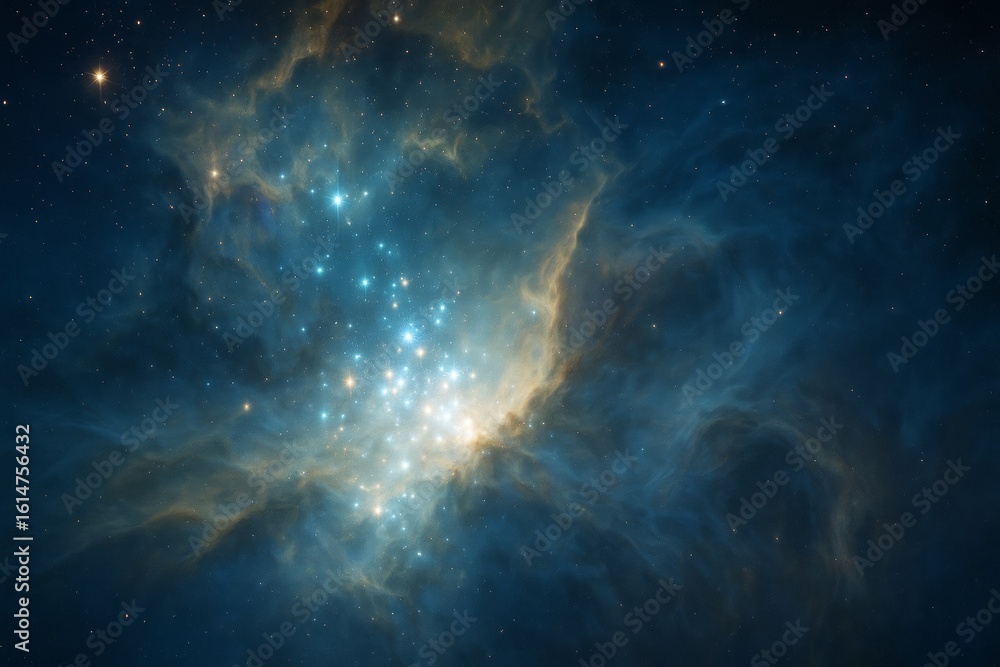 Aufkleber glowing star cluster in deep space with swirling blue nebula and starry cosmic light background in a