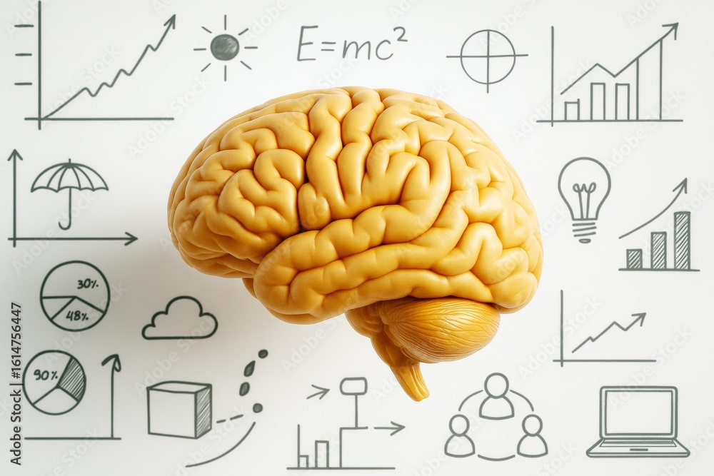 Poster human brain model with creative science icons and charts on light background illustrating knowledge 