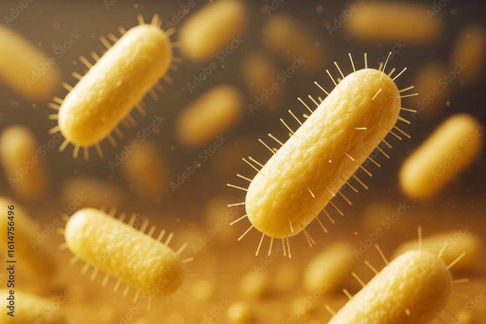 Poster close-up view of rod-shaped yellow bacteria with hair-like structures floating in space on a soft li
