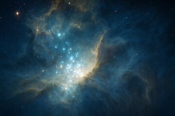 Fototapeta premium Glowing star cluster in deep space with swirling blue nebula and starry cosmic light background in a science-themed 3D space environment scene.