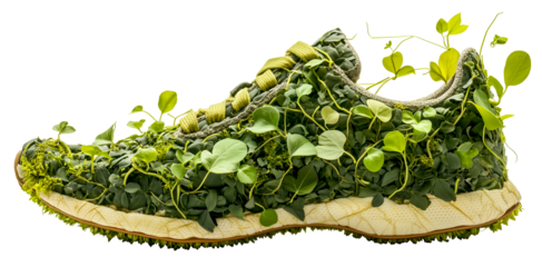 Running shoe creatively designed with leaves and vines, showcasing eco friendly and nature inspired concept. shoe is covered lush green foliage, giving it unique and organic appearance., isolated