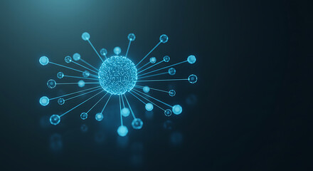 A glowing, digital representation of a network or virus structure, radiating outwards.
