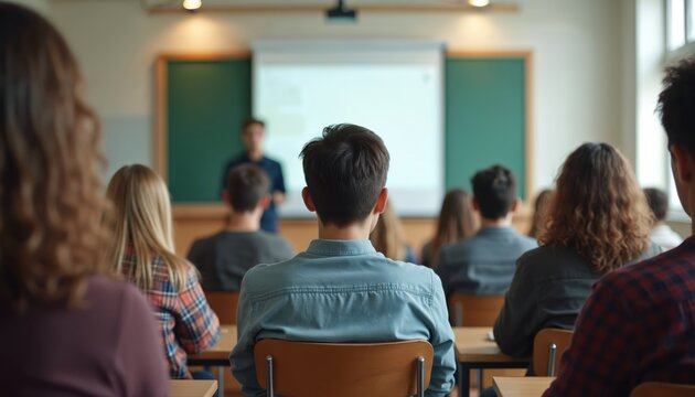 Students attend lecture in bright classroom. Focus on pupils seated at desks facing teacher, projector screen. Learning, studying, education, school, academic environment, collaboration, knowledge