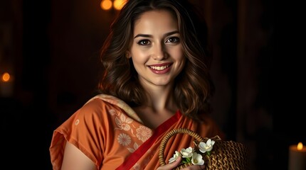 Young Woman in Peach-Orange Saree with Cream and Coral Floral Patterns