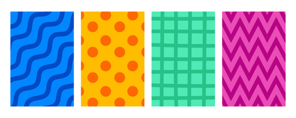 Collection of colorful abstract patterns. Decoration for artwork style, advertising, wrapping, printing, book cover, birthday gift paper. Vector illustration