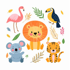Naklejka premium Beautiful stock illustrations set with cute lion zebra toucan elephant monkey flamingo. Safari animal clip art. Isolated naive style drawing. Childish hand drawn painting