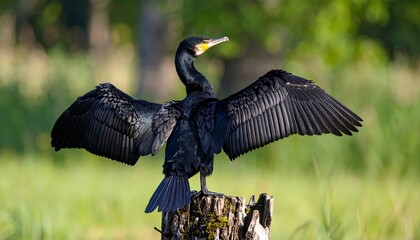 Black bird with wings outstretched, perched on a weathered stump in a verdant field