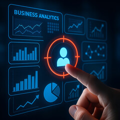 Futuristic Business Analytics Dashboard with User Targeting and Data Insights – Visual Interface for Customer-Centric Performance Tracking.