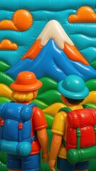 Colorful hikers admire mountain.