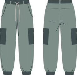 Cargo jogger pants flat sketch, front and back view, fashion cad drawing, vector illustration, technical apparel design, pocket detail trousers