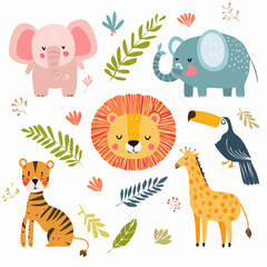 Naklejka premium Beautiful stock illustrations set with cute lion zebra toucan elephant monkey flamingo. Safari animal clip art. Isolated naive style drawing. Childish hand drawn painting