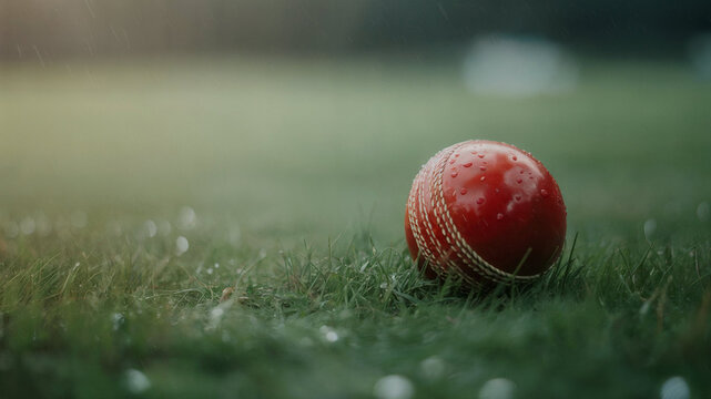 Wet Cricket Ball with Water Droplets on Green Grass Field