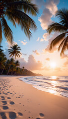 Obraz premium Tropical beach at sunset with swaying palms soft sand and vibrant sky