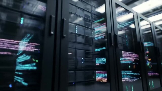 "Timelapse of a data center server room with blinking lights, cooling fans, and flowing data streams &mdash; hyperrealistic tech ambience."