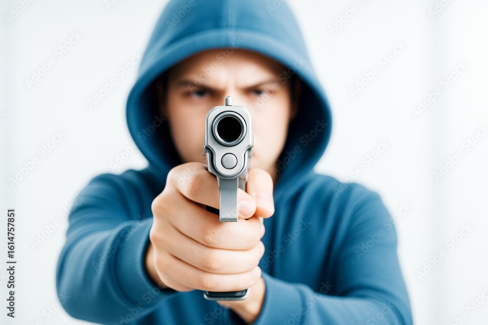 Poster man in hoodie pointing a pistol directly at camera with intense expression on light background, symb