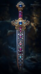 Ornate jewel encrusted sword photo featuring detailed golden hilt and sparkling gemstones on blade