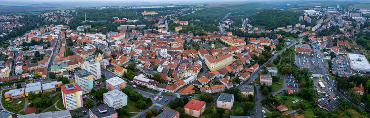 Aerial view of the city  Slany in the Czech Republic. on a cloudy day in spring
