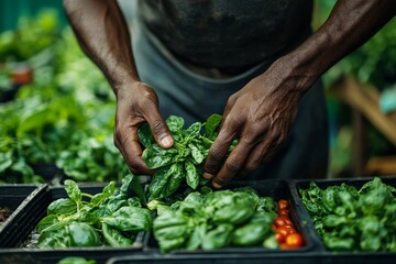 Close-up of a mans hands buying organic vegetables at a local farmers market, symbolizing the importance of sustainable, organic farming and conscious consumer choices, Generative AI