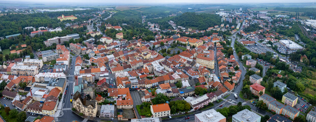 Aerial view of the city  slany in the Czech Republic.  on a cloudy day in spring