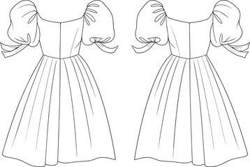 Puff sleeve dress flat sketch, front and back view, fashion cad drawing, technical template, elegant gown vector fashion illustration