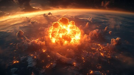 Nuclear explosion above earth dramatic orange skies aftermath global catastrophe photo