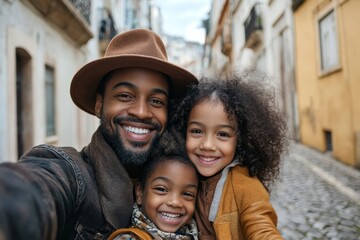 Multiracial family traveling together with small children, taking a selfie in an old city center, capturing the joy of exploring cultural landmarks as a family, Generative AI