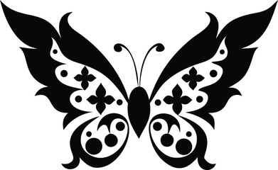 Ornate Black and White Butterfly Illustration with Floral Elements Design Details