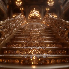 Opulent golden staircase decorated with sparkling jewels leading to a luxurious architectural structure photo