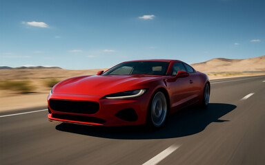Red sports car speeding on a highway under the sky