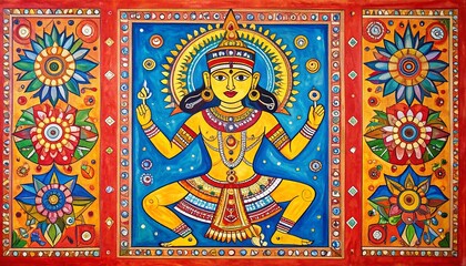 Obraz premium Vibrant depiction of a deity, framed by floral patterns