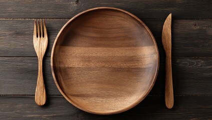 Empty wooden plate with fork and knife on dark wooden table