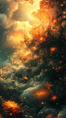 Abstract Space Art Glowing Flowers and Nebula Clouds