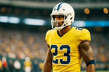 Focused American football player in yellow uniform number 23 standing on field during game under stadium lights with blurred crowd background.