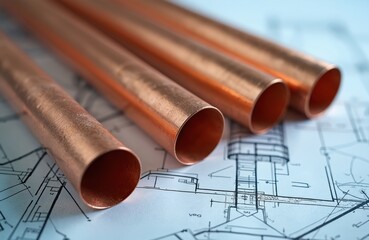 Four copper pipes lie on a blueprint, indicating material for plumbing and construction projects. These metal tubes are essential for modern architecture, engineering, and building systems.